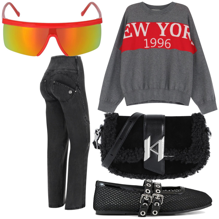Outfit donna - New York New York. Stile Basic per Tutti i giorni. Abbinamento con borse a spalla, jeans, maglieria, ballerine, occhiali da sole.