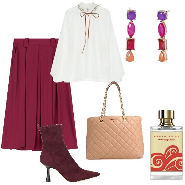 Outfit donna - Serata fuori. Stile Glamour per Serata fuori. Abbinamento con stivaletti, borse a mano, profumi, orecchini, gonne longuette, bluse.