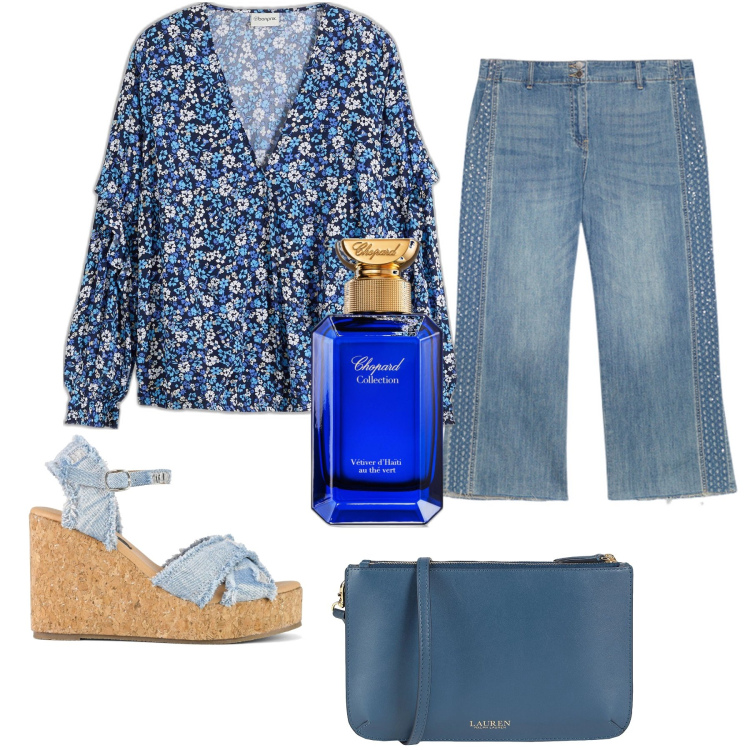 Outfit donna - Chopard. Stile Casual per Tutti i giorni. Abbinamento con bluse, borse a tracolla, profumi, zeppe, jeans strappati.
