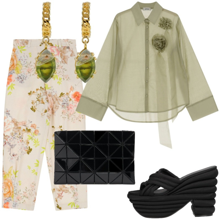 Outfit donna - Japan style. Stile Chic per Serata fuori. Abbinamento con sandali col tacco, pantaloni chino, camicie, orecchini, pochette.