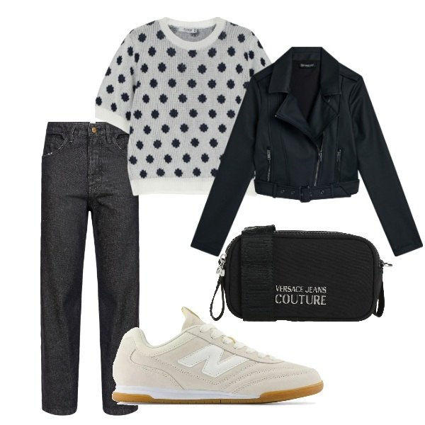 Outfit donna - A spasso per la città. Stile Trendy per Tutti i giorni. Abbinamento con borse a tracolla, sneakers, maglieria, giacche, pantaloni.