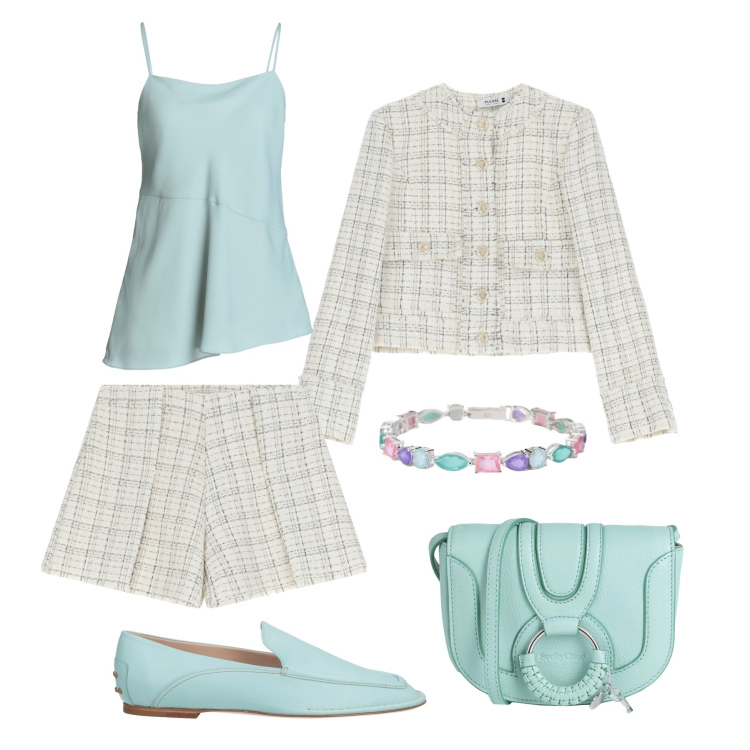 Outfit donna - Completo in tweed con gli shorts. Stile Bon Ton per Serata fuori. Abbinamento con borse a tracolla, top, mocassini, braccialetti, shorts, blazer.