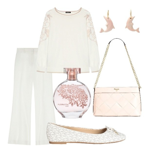 Outfit donna - Domenica mattina. Stile Casual chic per Tutti i giorni. Abbinamento con ballerine, borse a spalla, orecchini, profumi, pantaloni, maglieria.
