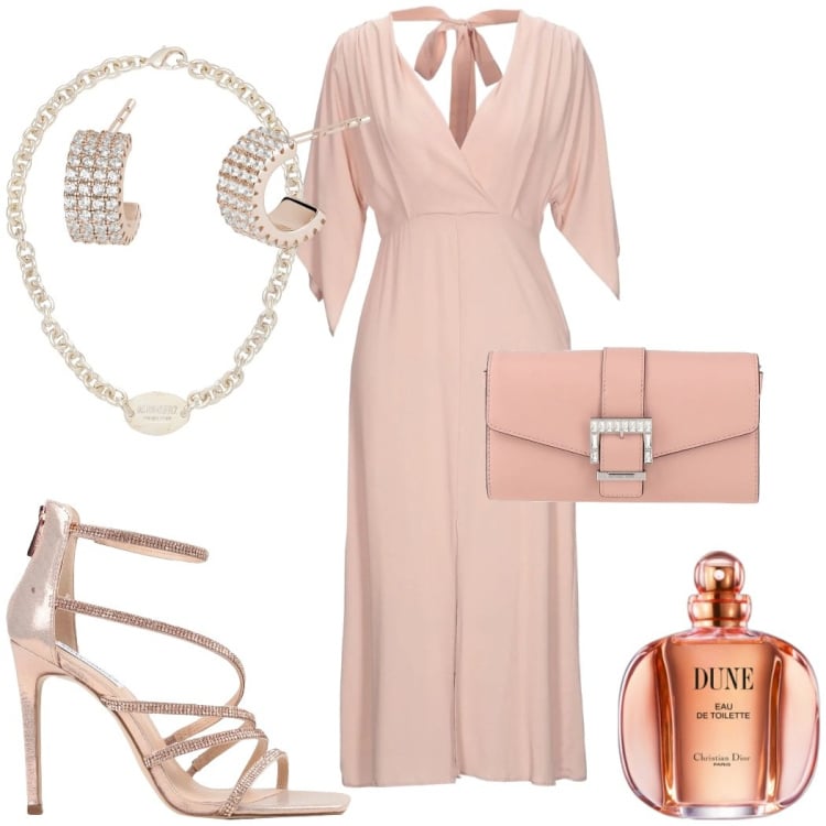 Outfit donna - Cerimonia elegante. Stile Glamour per Cerimonia. Abbinamento con vestiti midi/longuette, sandali col tacco, borse a mano, collane, profumi, orecchini.