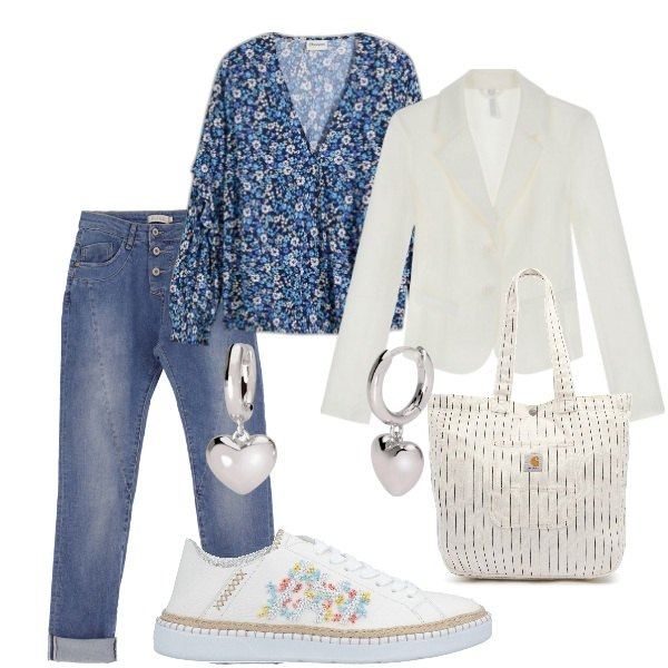 Outfit donna - Aspettando la primavera. Stile Trendy per Tutti i giorni. Abbinamento con bluse, sneakers, orecchini, blazer, jeans slim fit, borse tote.