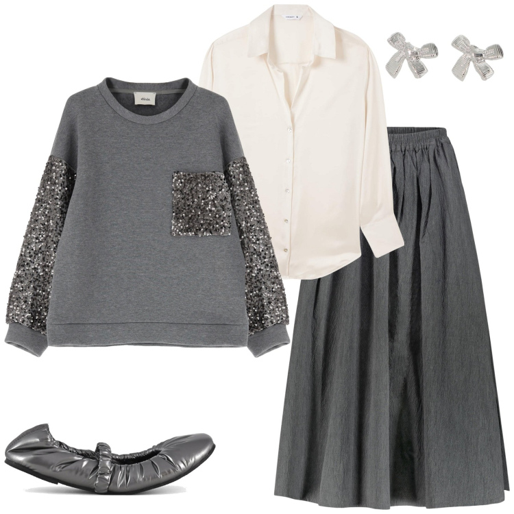 Outfit donna - Grey. Stile 70s per Ufficio. look ideale per Petite. Abbinamento con camicie, felpe, orecchini, gonne, ballerine.
