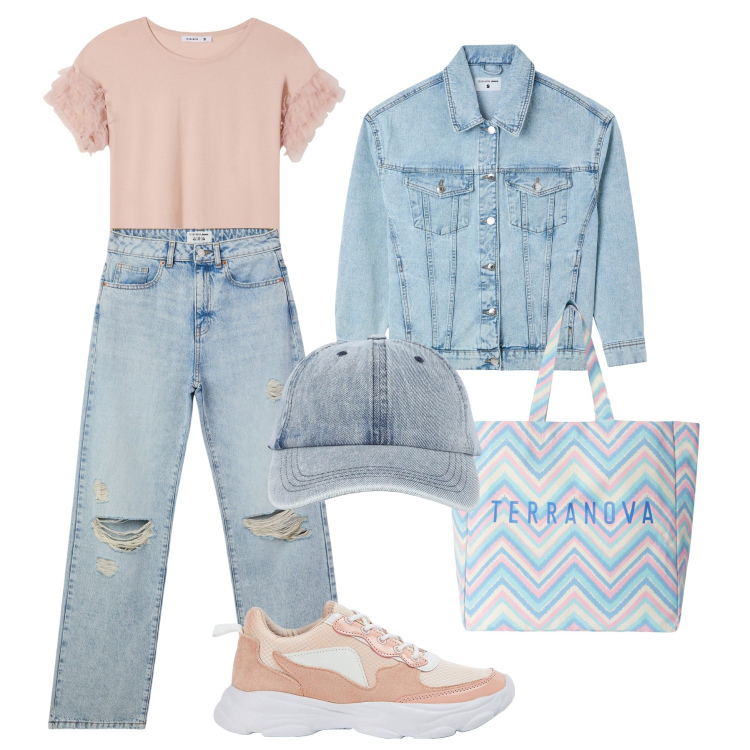 Outfit donna - Terranova modalità “teen”. Stile Casual per Tutti i giorni. Abbinamento con jeans strappati, cappelli con visiera, sneakers, cappotti, t-shirt, borse tote.
