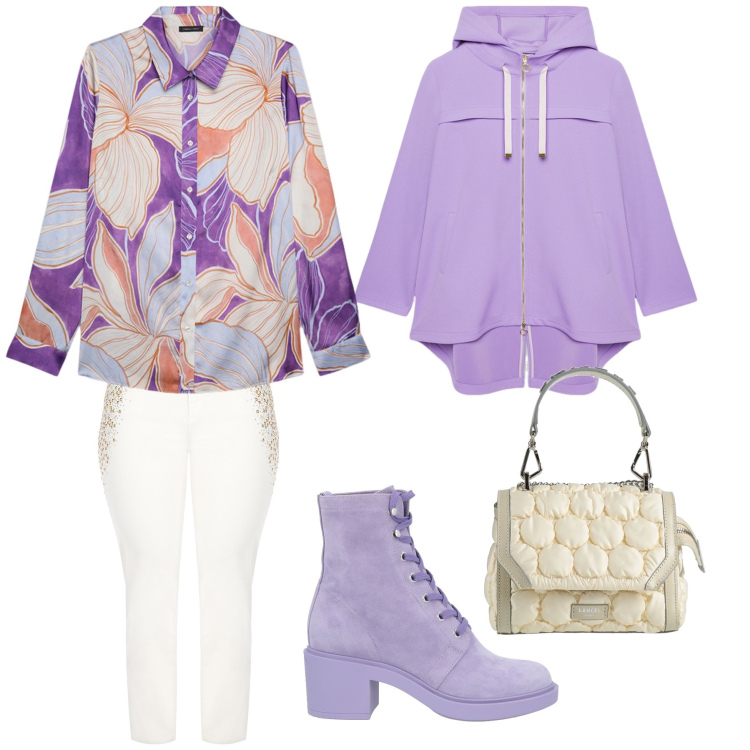 Outfit donna - Il lilla a primavera. Stile Casual chic per Serata fuori. Abbinamento con borse a mano, stivaletti, jeans dritti, parka, camicie.
