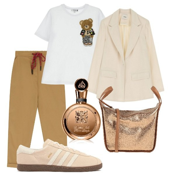 Outfit donna - Domenica mattina. Stile Trendy per Tutti i giorni. Abbinamento con borse a mano, profumi, t-shirt, pantaloni chino, blazer, sneakers.