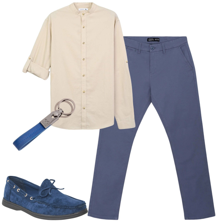 Outfit uomo - Casual curato. Stile Casual per Tutti i giorni. Abbinamento con scarpe stringate, camicie, pantaloni chino, portachiavi.