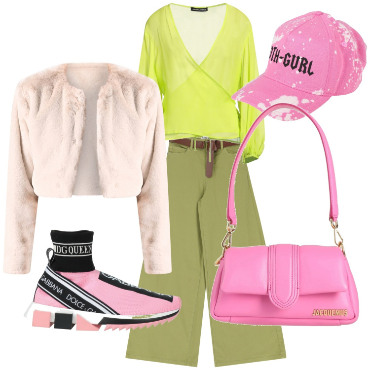 Outfit donna - Full colour. Stile Glamour per Tutti i giorni. Abbinamento con cappelli con visiera, borse a mano, top, sneakers, bolero, pantaloni.