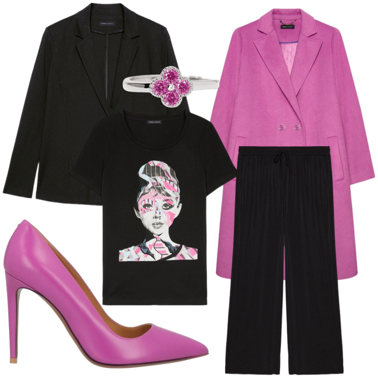 Outfit donna - Total look #2089738. Stile Glamour per Serata fuori. Abbinamento con décolleté, anelli, blazer, cappotti, pantaloni, t-shirt.
