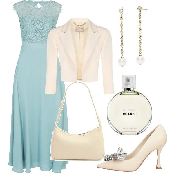 Outfit donna - Matrimonio in vista. Stile Glamour per Cerimonia. Abbinamento con vestiti lunghi, décolleté, profumi, orecchini, bolero, borse a spalla.
