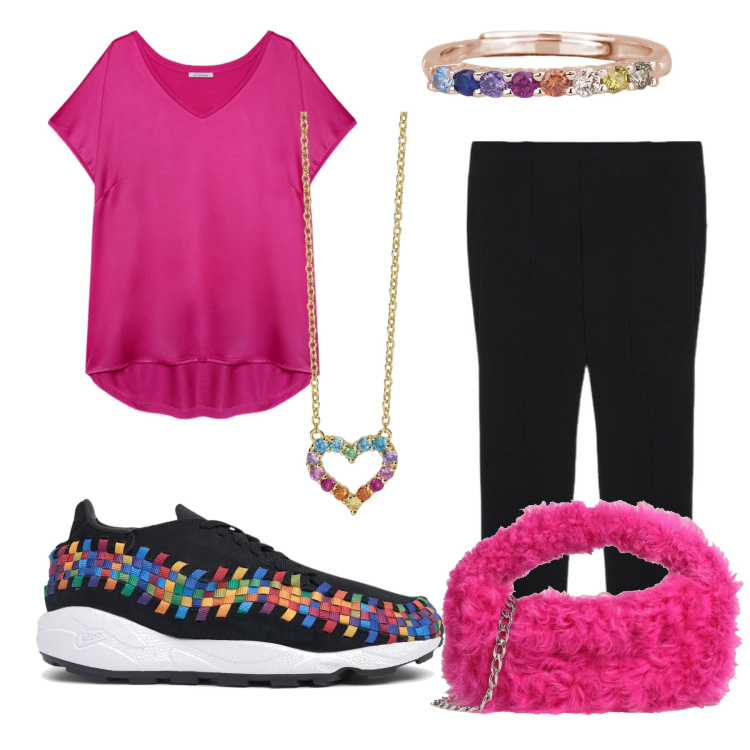 Outfit donna - Color. Stile Glamour per Tutti i giorni. Abbinamento con borse a mano, anelli, collane, pantaloni skinny, t-shirt, sneakers.