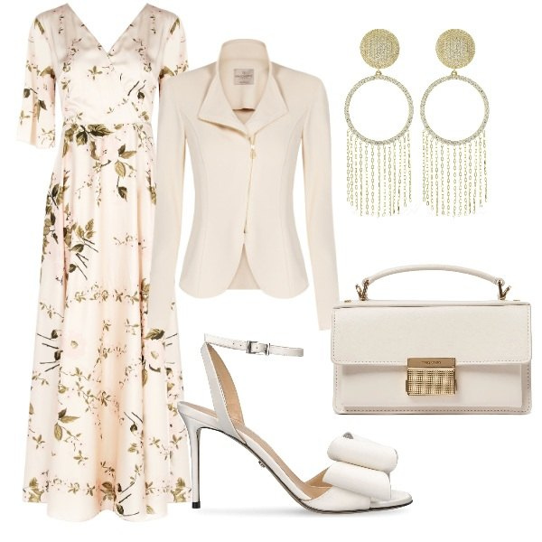 Outfit donna - Matrimonio in vista. Stile Glamour per Cerimonia. Abbinamento con vestiti lunghi, blazer, borse a mano, sandali in pelle, orecchini.