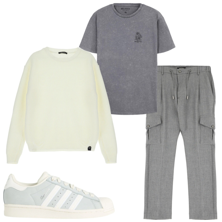 Outfit uomo - Tutti i giorni. Stile Trendy per Tutti i giorni. Abbinamento con sneakers, t-shirt, pantaloni cargo, maglieria.