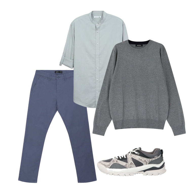 Outfit uomo - Pomeriggio. Stile Casual per Tutti i giorni. Abbinamento con sneakers, maglieria, pantaloni chino, camicie.