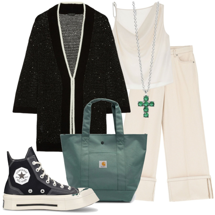 Outfit donna - Shopping bag. Stile Casual per Tutti i giorni. Abbinamento con ciondoli, top, pantaloni, cardigans, borse tote, sneakers.