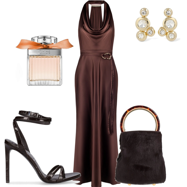 Outfit donna - Serena serata. Stile Chic per Serata fuori. Abbinamento con borse a mano, profumi, vestiti lunghi, sandali in pelle, orecchini.