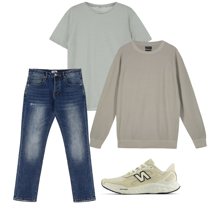 Outfit uomo - Molto casual. Stile Casual per Tutti i giorni. Abbinamento con sneakers, t-shirt, jeans dritti, maglieria.
