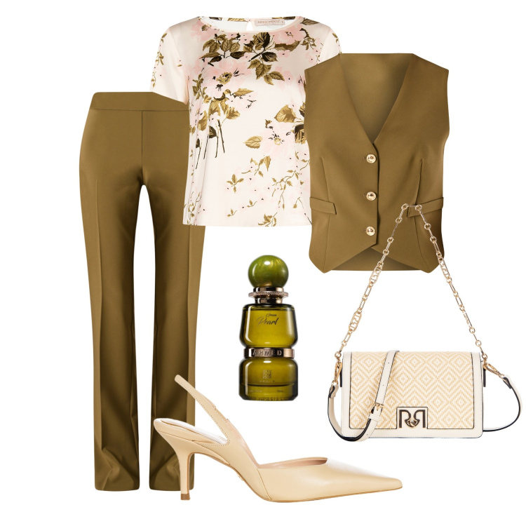 Outfit donna - Ufficio Rinascimento. Stile Glamour per Ufficio. Abbinamento con profumi, gilet, pantaloni, bluse, décolleté, borse a spalla.