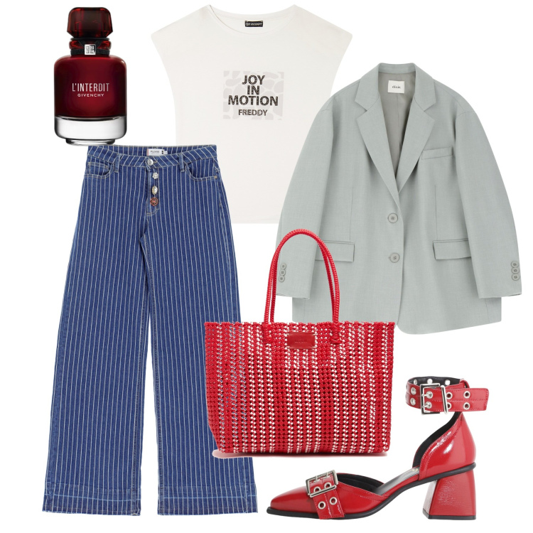 Outfit donna - Cherie. Stile Casual chic per Tutti i giorni. Abbinamento con profumi, jeans, t-shirt, blazer, décolleté, shopping bag.