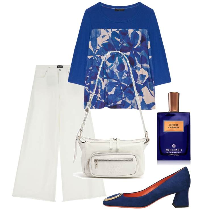 Outfit donna - Primavera siciliana. Stile Bon Ton per Tutti i giorni. Abbinamento con décolleté, profumi, jeans, t-shirt, borse a spalla.