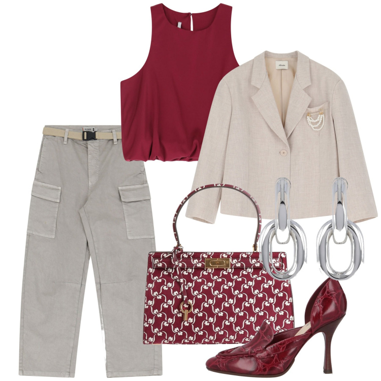 Outfit donna - Red moments. Stile Casual chic per Tutti i giorni. Abbinamento con borse a mano, décolleté, pantaloni chino, top, blazer, orecchini.