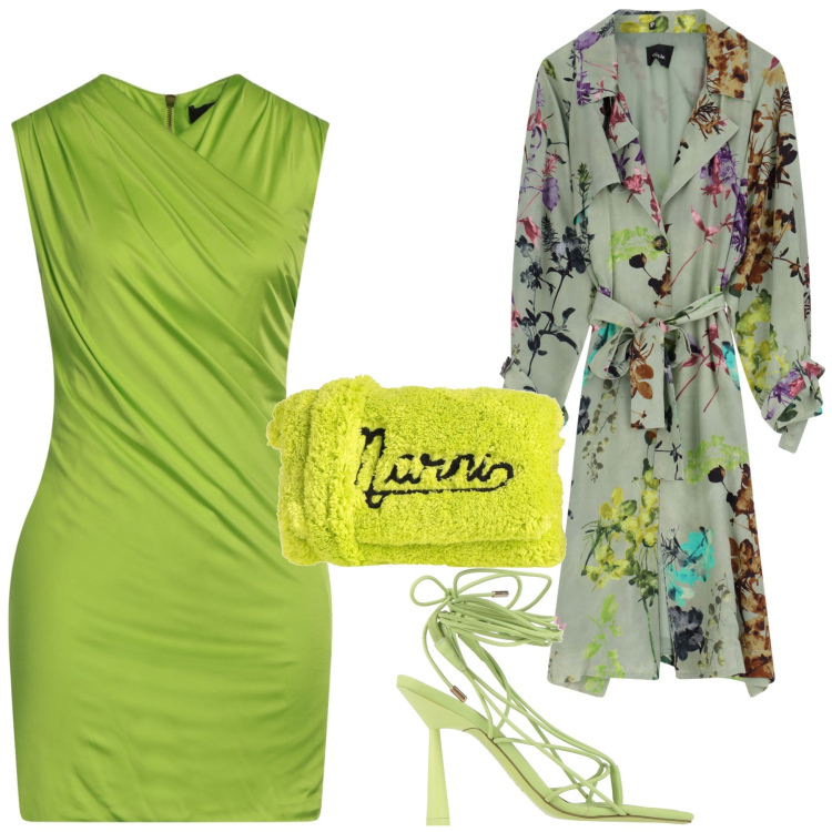 Outfit donna - Total look verde mela. Stile Trendy per Serata fuori. Abbinamento con infradito, vestiti corti, borse a tracolla, trench.