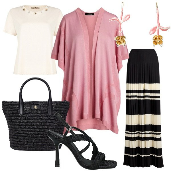 Outfit donna - Mantelle a marzo. Stile Romantica per Serata fuori. Abbinamento con sandali in pelle, orecchini, t-shirt, pantaloni, cappe, borse tote.