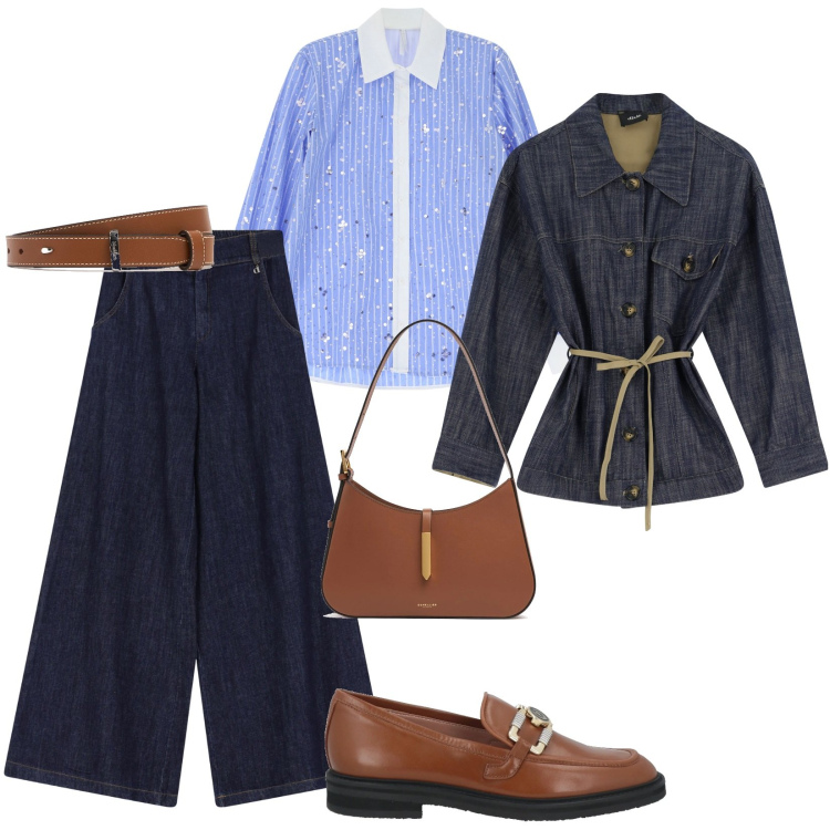 Outfit donna - Un look per andare a lavoro. Stile Trendy per Ufficio. Abbinamento con mocassini, camicie, blazer, jeans, borse a spalla, cinture.