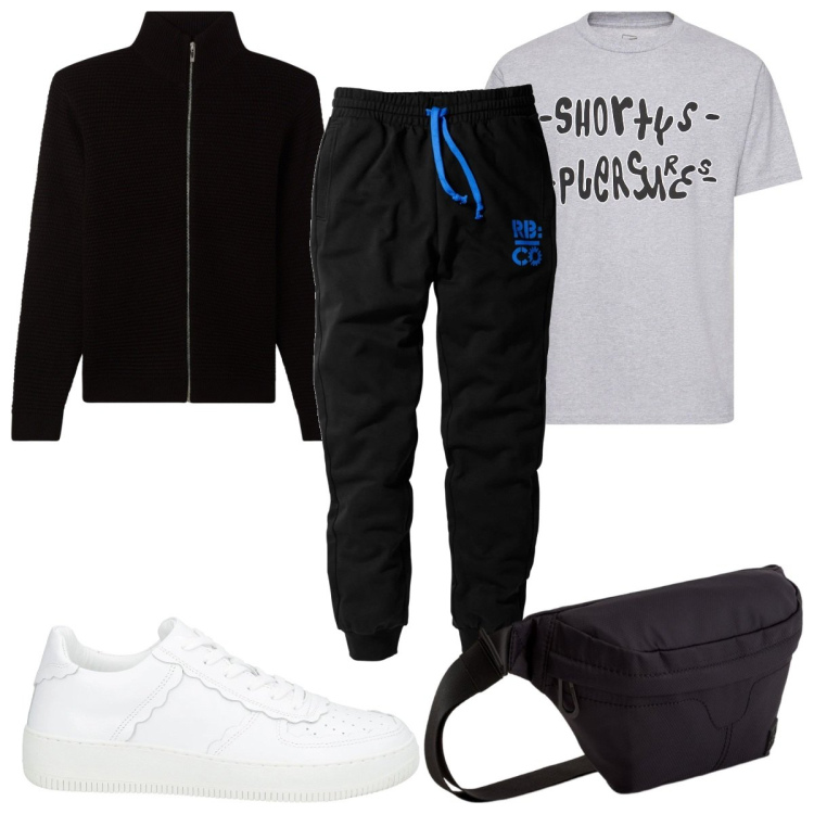 Outfit uomo - Total look #2089807. Stile Trendy per Sport. Abbinamento con pantaloni, sneakers, cardigans, t-shirt, borse sportive.