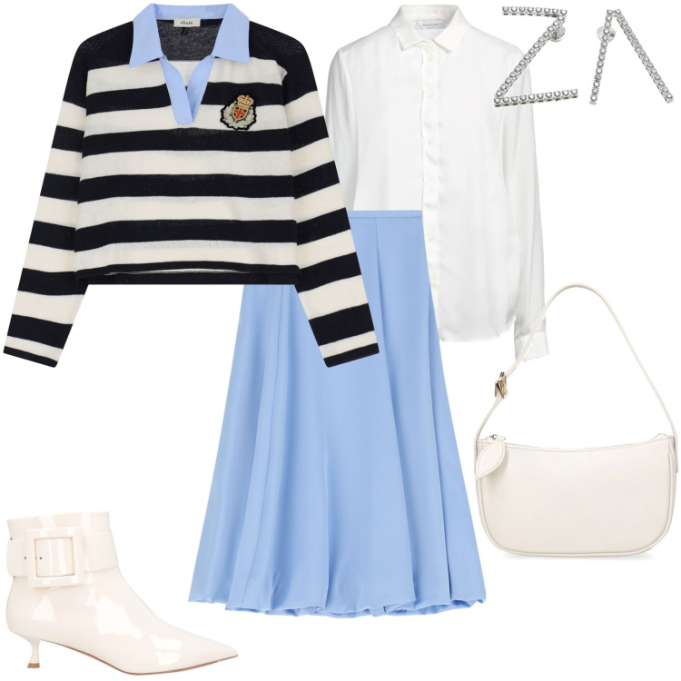 Outfit donna - Total look #2089814. Stile Urban per Tutti i giorni. Abbinamento con orecchini, stivaletti, camicie, gonne longuette, maglieria, borse a spalla.