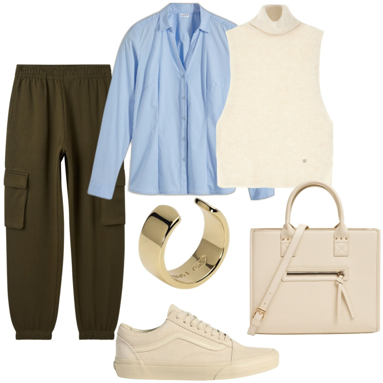 Outfit donna - Total look #2089821. Stile Basic per Tutti i giorni. Abbinamento con camicie, sneakers, pantaloni cargo, shopping bag, orecchini, maglieria.