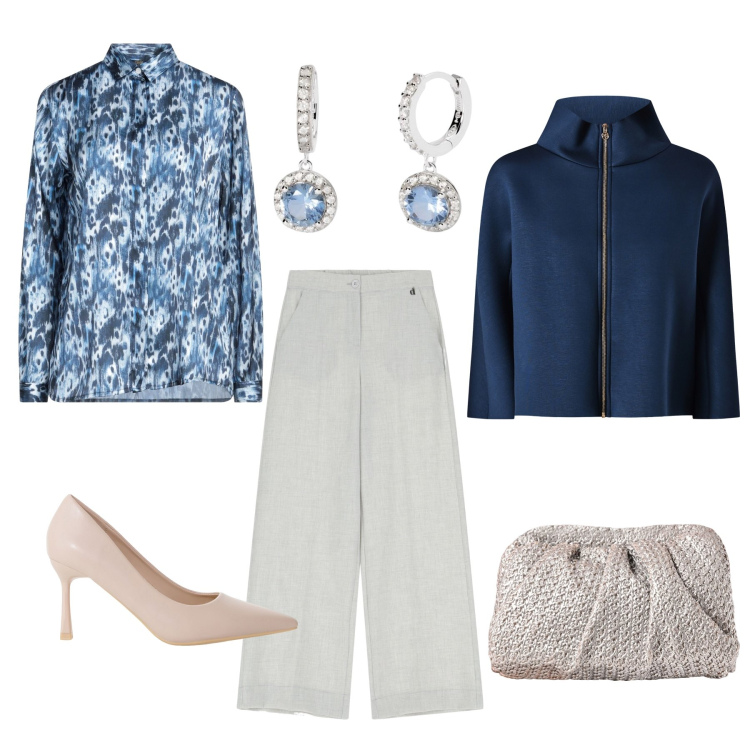 Outfit donna - Eleganza quotidiana. Abbinamento con camicie, orecchini, clutch, cappe, décolleté, pantaloni a palazzo.
