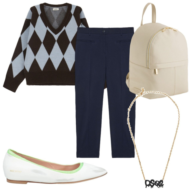 Outfit donna - Total look #2089826. Stile Trendy per Tutti i giorni. Abbinamento con collane, ballerine, pullovers, pantaloni, zaini.