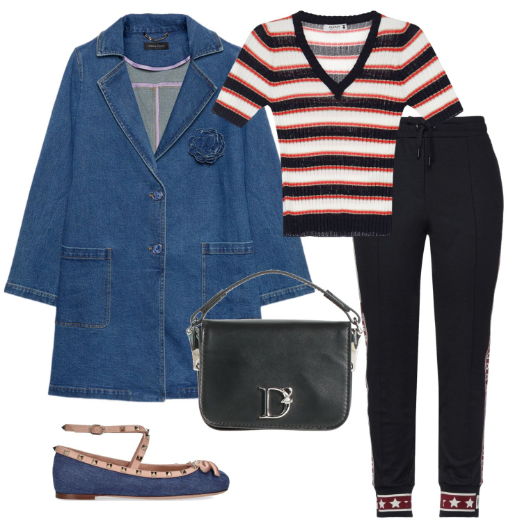Outfit donna - Denim e righe. Stile Casual per Tutti i giorni. Abbinamento con borse a mano, pantaloni, maglieria, trench, ballerine.