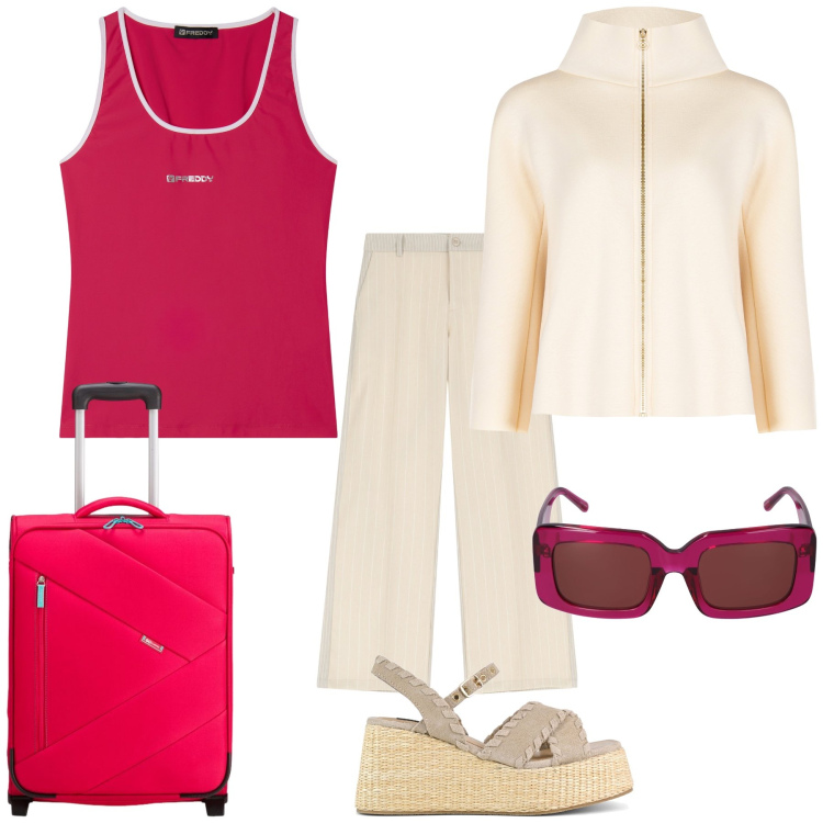 Outfit donna - Vacanza al mare. Stile Casual chic per Mare. Abbinamento con cappe, pantaloni, canottiere, zeppe, occhiali da sole, valigie.