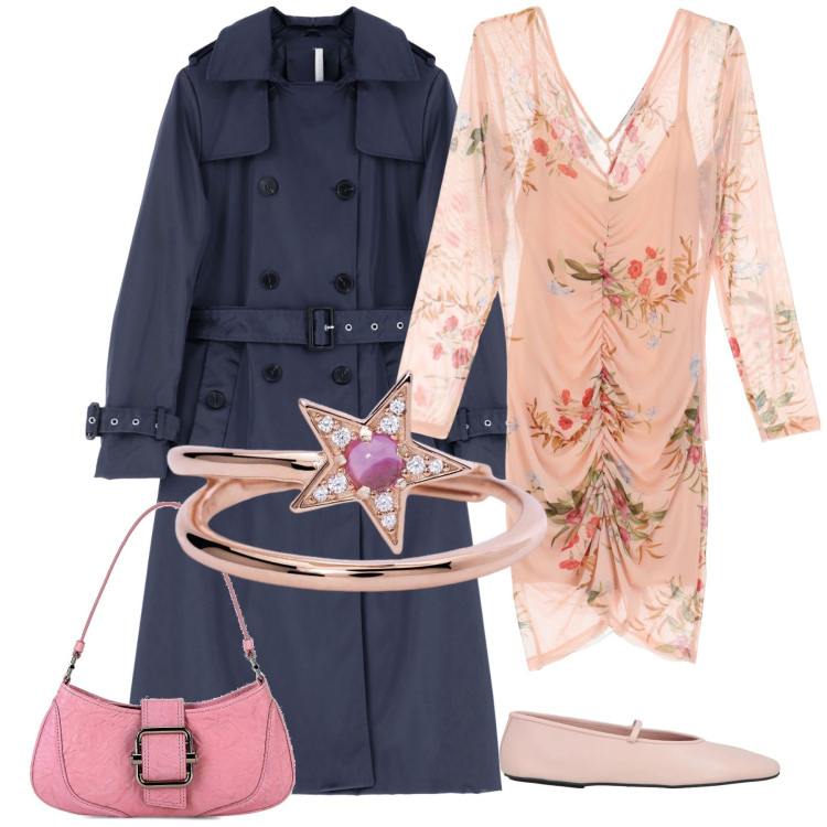 Outfit donna - Trench blu. Stile Casual chic per Serata fuori. Abbinamento con ballerine, anelli, vestiti corti, trench, borse a spalla.