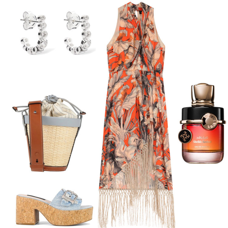 Outfit donna - Serata particolare. Stile Boho per Serata fuori. Abbinamento con borse a spalla, profumi, vestiti midi/longuette, sandali, orecchini.