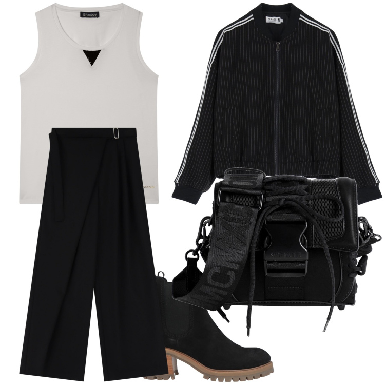 Outfit donna - Salto al bar black and White. Stile Basic per Tutti i giorni. Abbinamento con borse a mano, stivaletti, bomber, pantaloni a palazzo, canottiere.