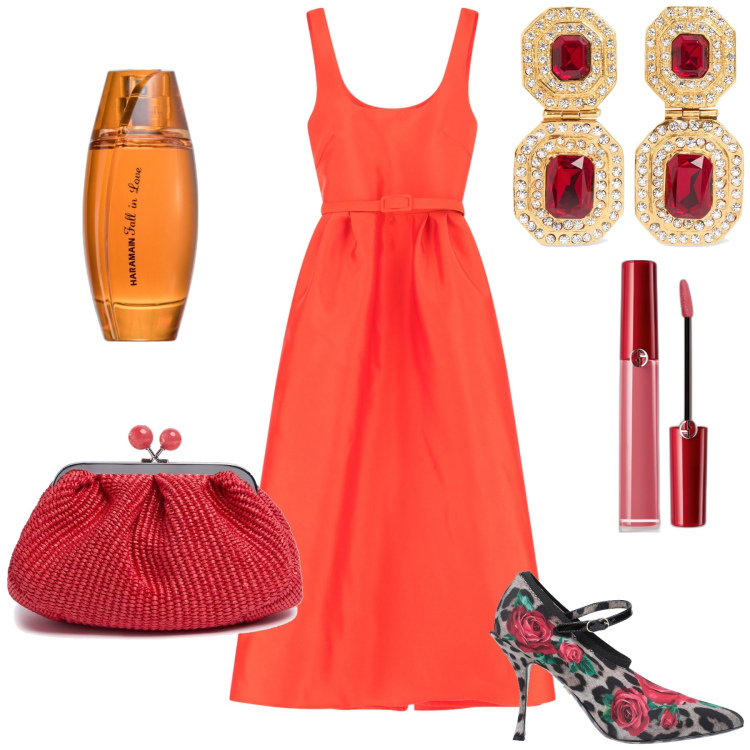 Outfit donna - Serata colorata. Stile Glamour per Serata fuori. Abbinamento con décolleté, rossetti, profumi, vestiti, orecchini, pochette.