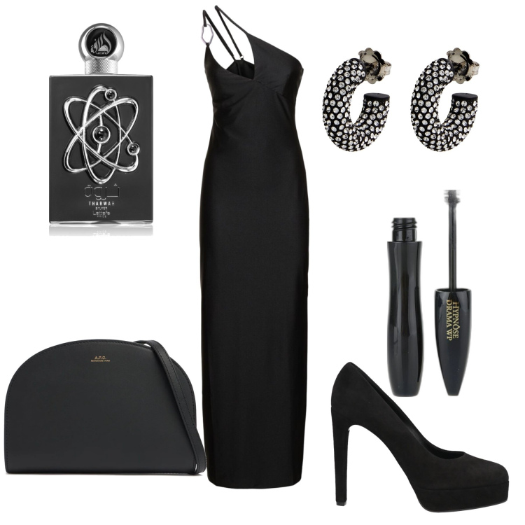 Outfit donna - All black evening. Stile Chic per Serata fuori. Abbinamento con décolleté, orecchini, profumi, mascara, vestiti asimmetrici, clutch.