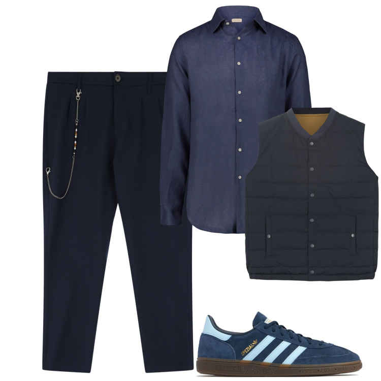 Outfit uomo - Total blu. Stile Casual per Tutti i giorni. Abbinamento con pantaloni, camicie, sneakers, gilet.
