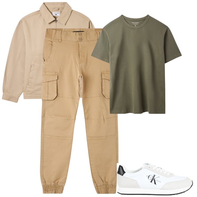 Outfit uomo - Marzo. Stile Casual per Tutti i giorni. Abbinamento con sneakers, t-shirt, pantaloni cargo, giacche.