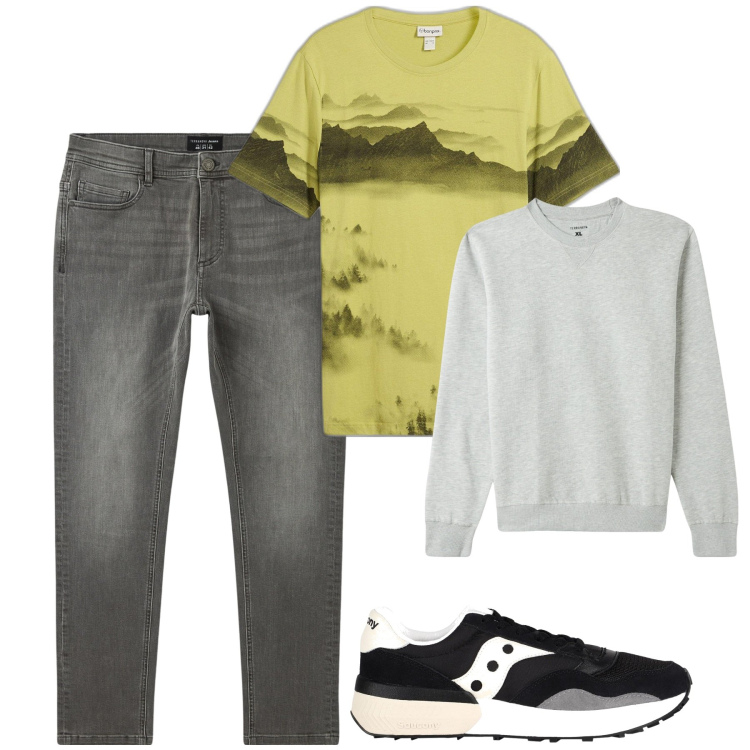 Outfit uomo - City. Stile Casual per Tutti i giorni. Abbinamento con sneakers, t-shirt, jeans skinny, felpe.
