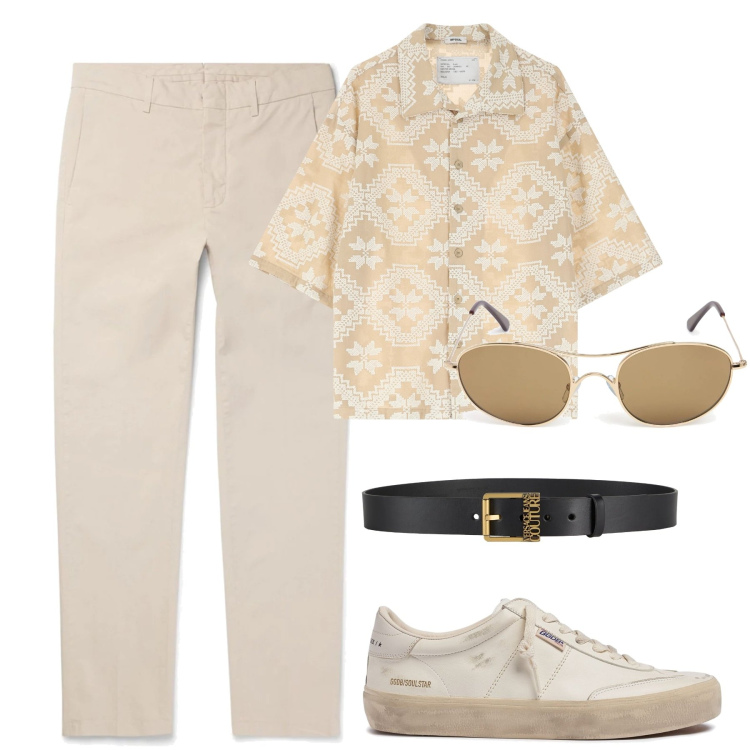 Outfit uomo - City. Stile Trendy per Tutti i giorni. Abbinamento con cinture, pantaloni chino, camicie a manica corta, sneakers, occhiali da sole.