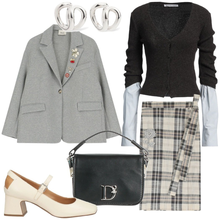 Outfit donna - Caffè con le amiche. Stile Casual chic per Tutti i giorni. Abbinamento con décolleté, cardigans, borse a mano, gonne longuette, blazer, orecchini.