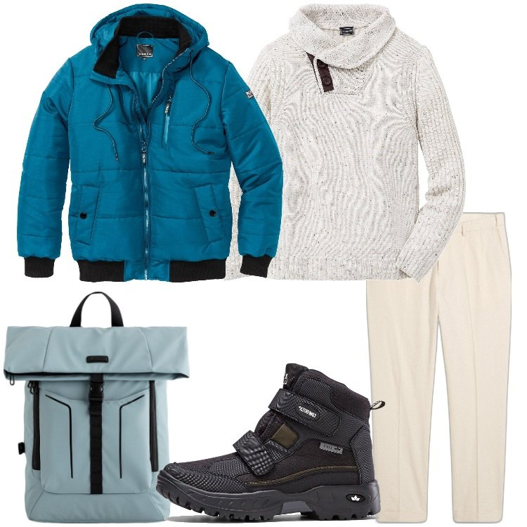 Outfit uomo - Una gita in alta quota. Stile Casual per Tutti i giorni. Abbinamento con maglieria, stivali e stivaletti, bomber, pantaloni, borse sportive.