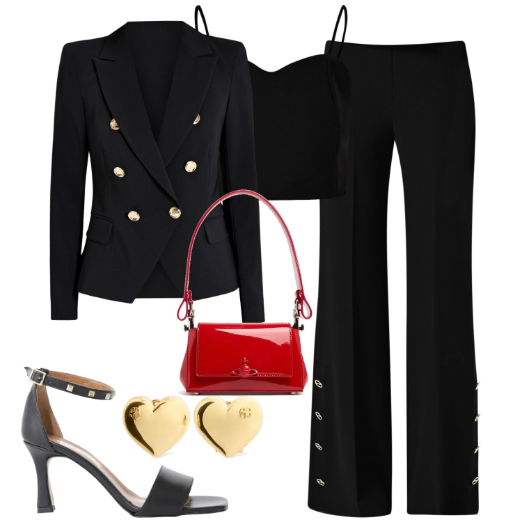 Outfit donna - Black. Stile Minimal per Tutti i giorni. Abbinamento con blazer, pantaloni a palazzo, top, sandali col tacco, borse a spalla, orecchini.
